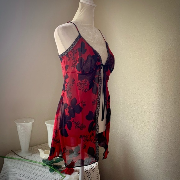 Y2K Open Front VS Black Roses Babydoll Lingerie, Sz S (36) - Picture 6 of 10